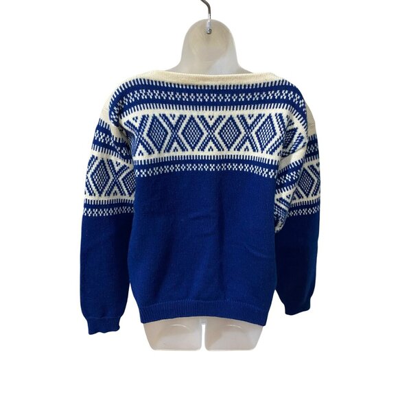 Vintage 70s Block Heater Fair Isle Wool Sweater Women’s Small Blue & Cream Geome - Picture 3 of 9